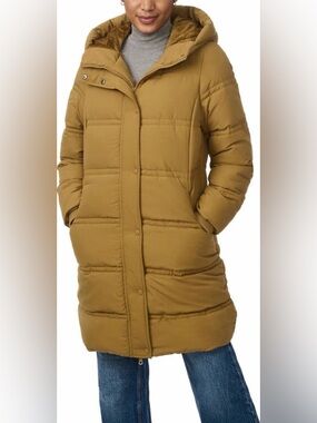 Bernardo Double Needle Stitch Gold Hooded Long Puffer Coat Alternative Fill NWOT